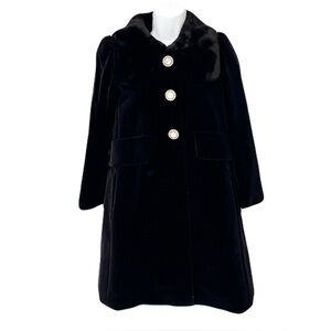 Marc Jacobs Black Velvet Faux Fur Collar Crystal Button Satin Lined Coat, Size 4